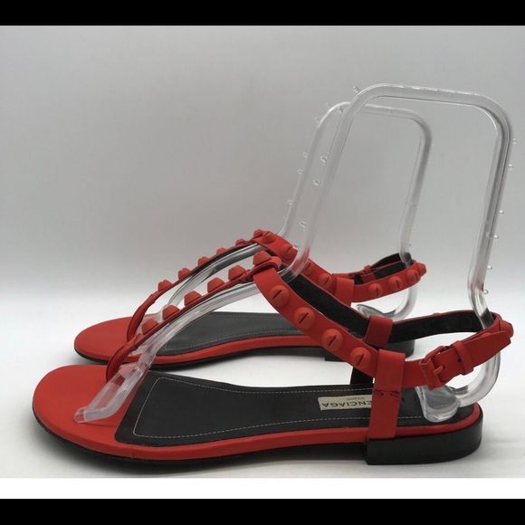 Balenciaga Shoes - Balenciaga Red Studded T Strap Sandals